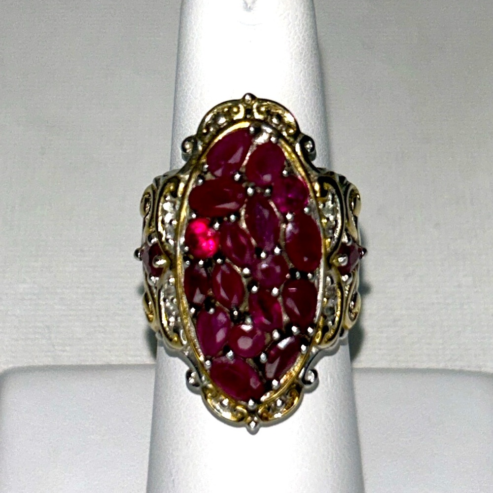 Gems en Vogue Sterling Silver 18K Gold Plate Genuine Ruby Cluster Designer Ring